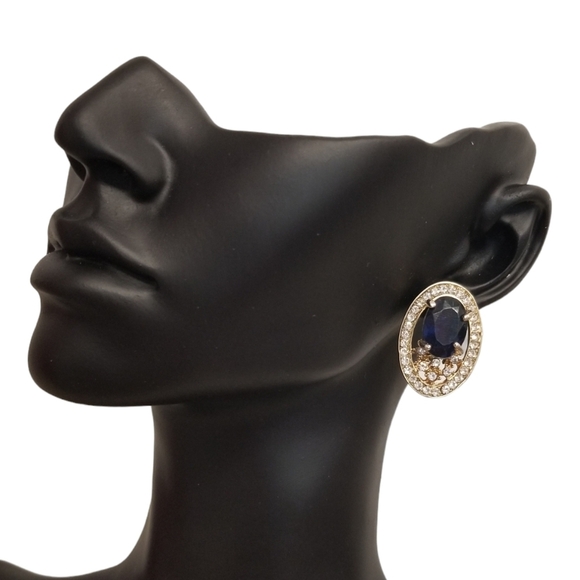 VINTAGE GOLDTONED EARRINGS WITH BLUE & WHITE AUSTRIAN CRYSTALS - Picture 2 of 5